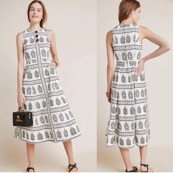 Anthropolgie Woodblock Midi Dress‎ Size 0  Fit N Flare Sleeveless Cotton - Image 2