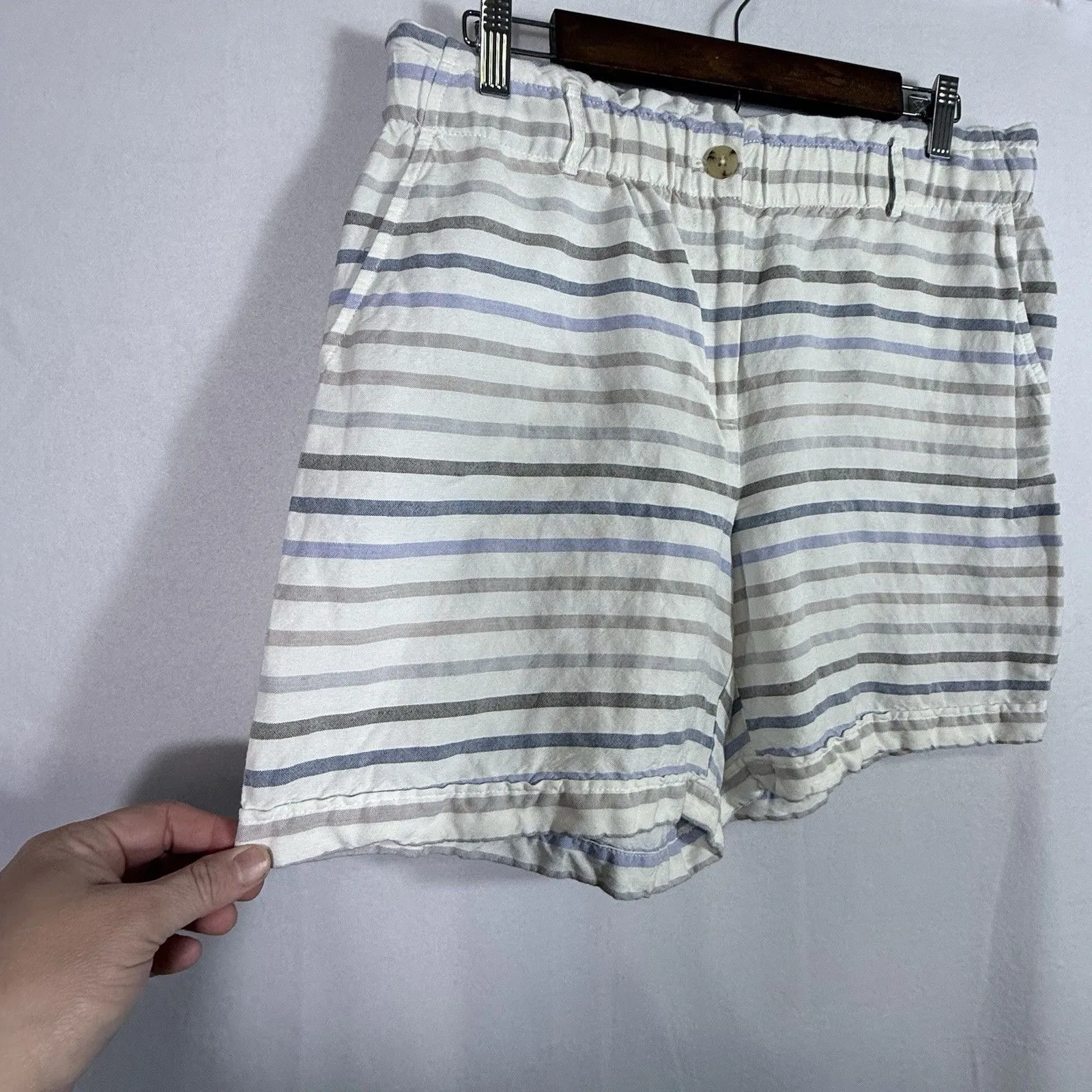 J. Jill Striped Linen Blend Paperbag Waist Cuffed Shorts Size M Coastal Nautical Blue Size M - Image 5