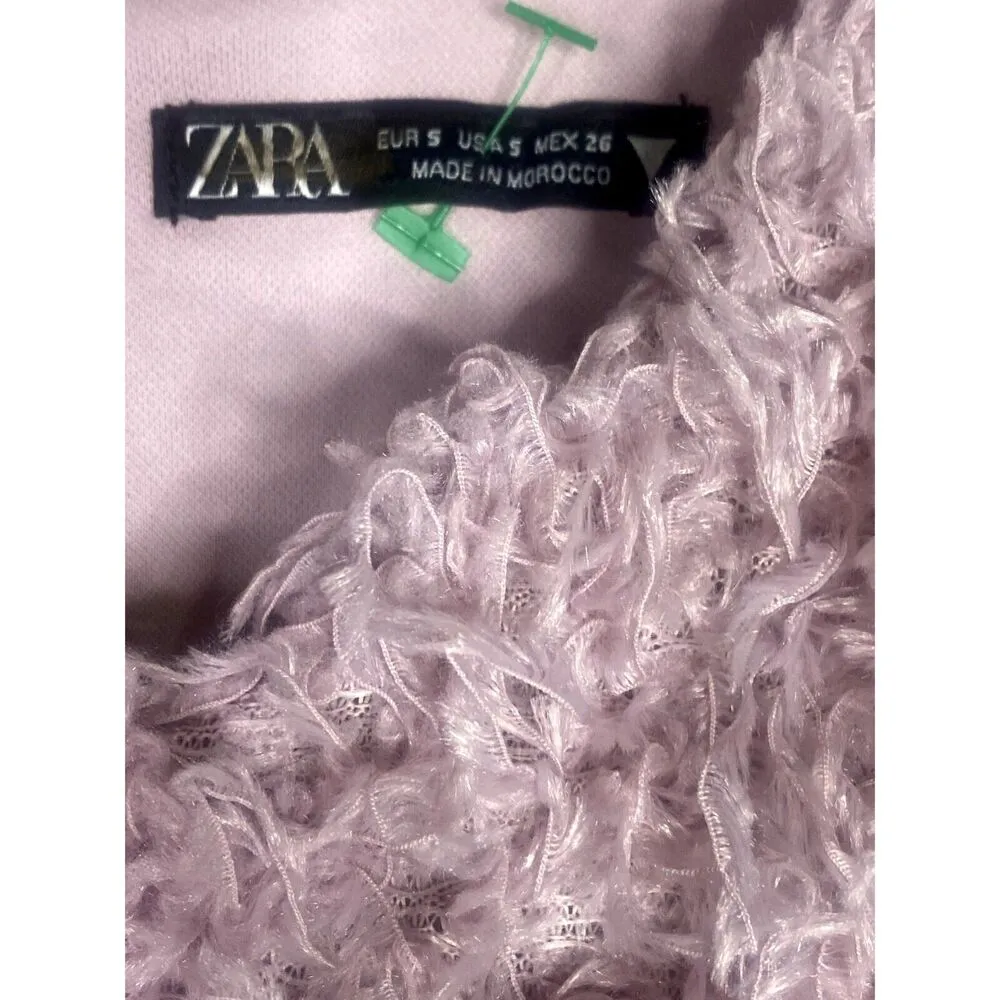 ZARA  Cropped Faux Feathered Top Short Sleeve Eyelet Button Side Zip Up S Pink - Image 7