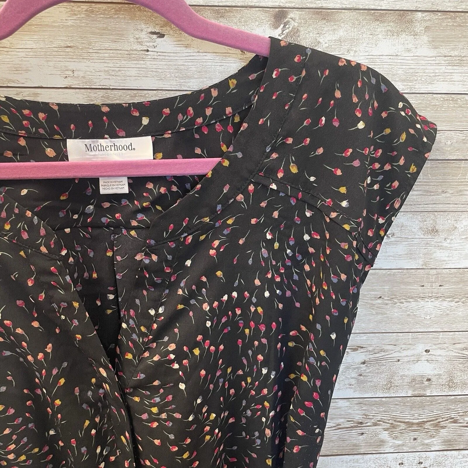 Motherhood Womens XL Blouse Black w/ Multi-Colored Flowers AOP Sleeveless Belted - Image 2