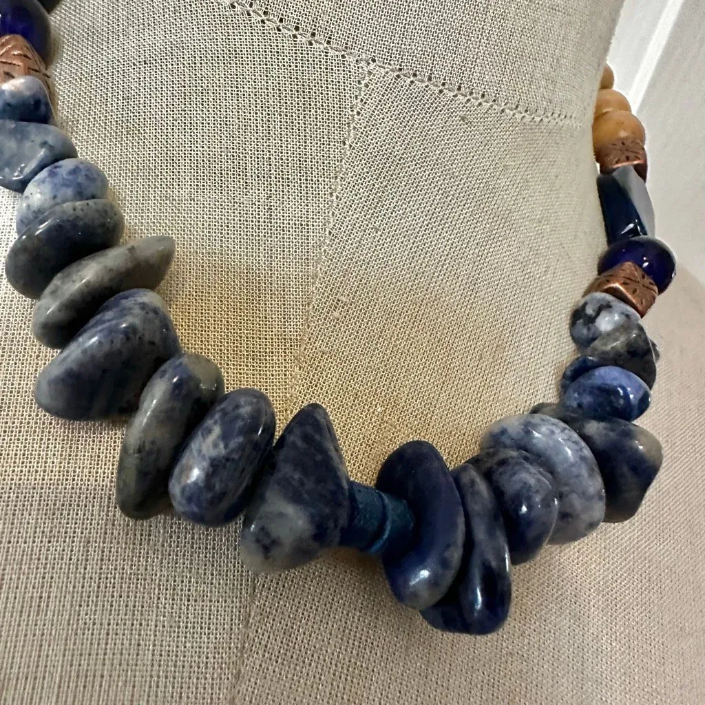 Boho Sodalite, Wood & Copper Statement Necklace - Image 2
