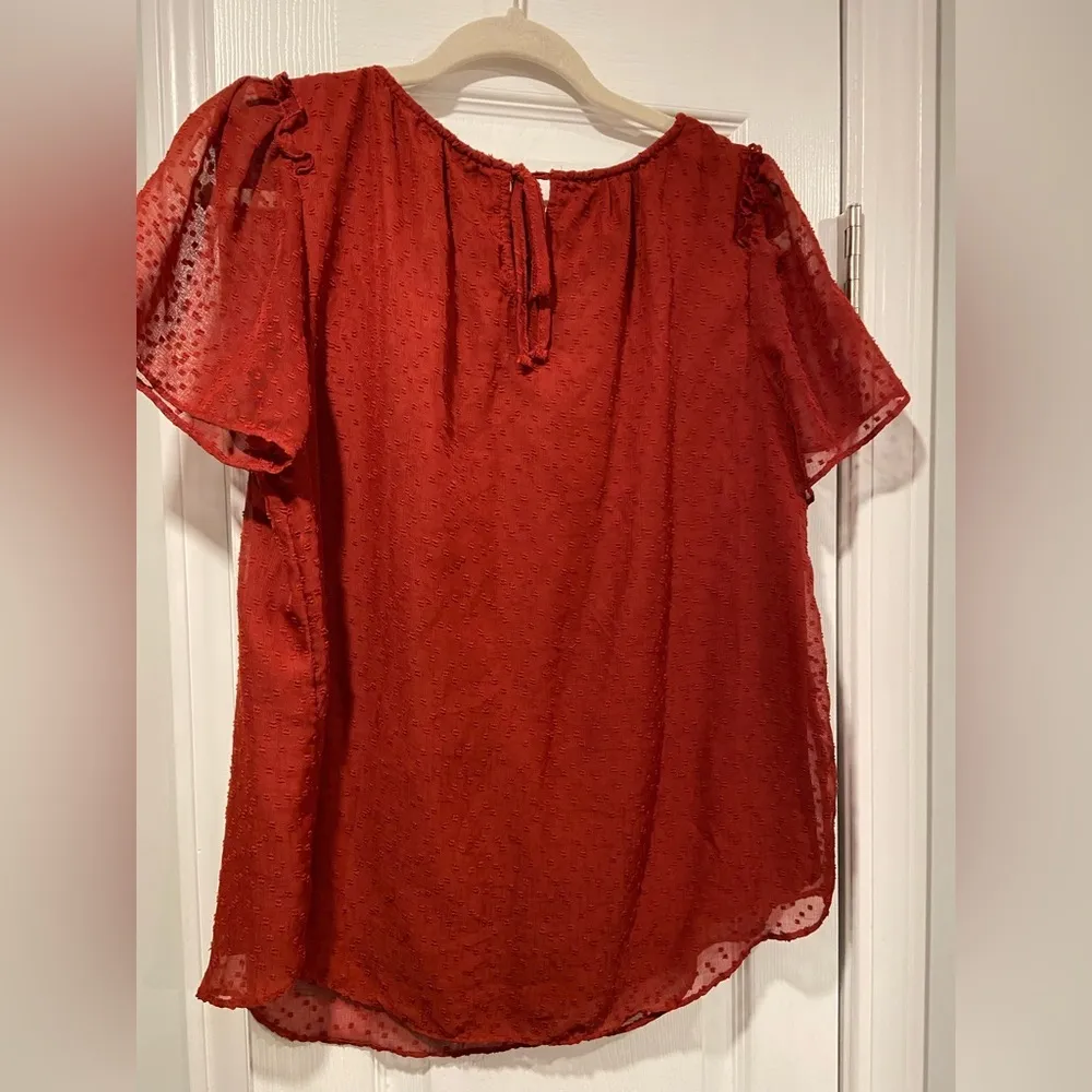 LC Lauren Conrad Size S Brick Red Lined Short Sleeve Textured Tie Back Blouse - Image 7