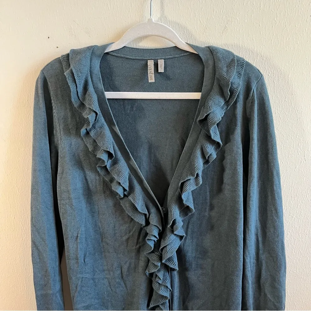 Caslon Cardigan Teal Ruffled Collar V Neck Button Front Sz L EUC Long Sleeves - Image 2
