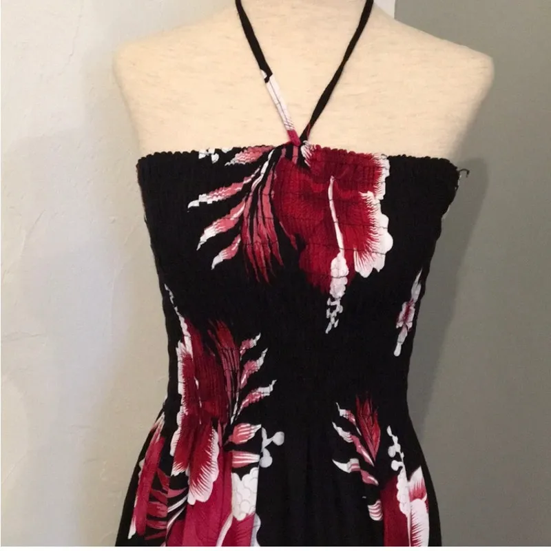 Black sun dress swimsuit cover up with red and white florals - Image 2