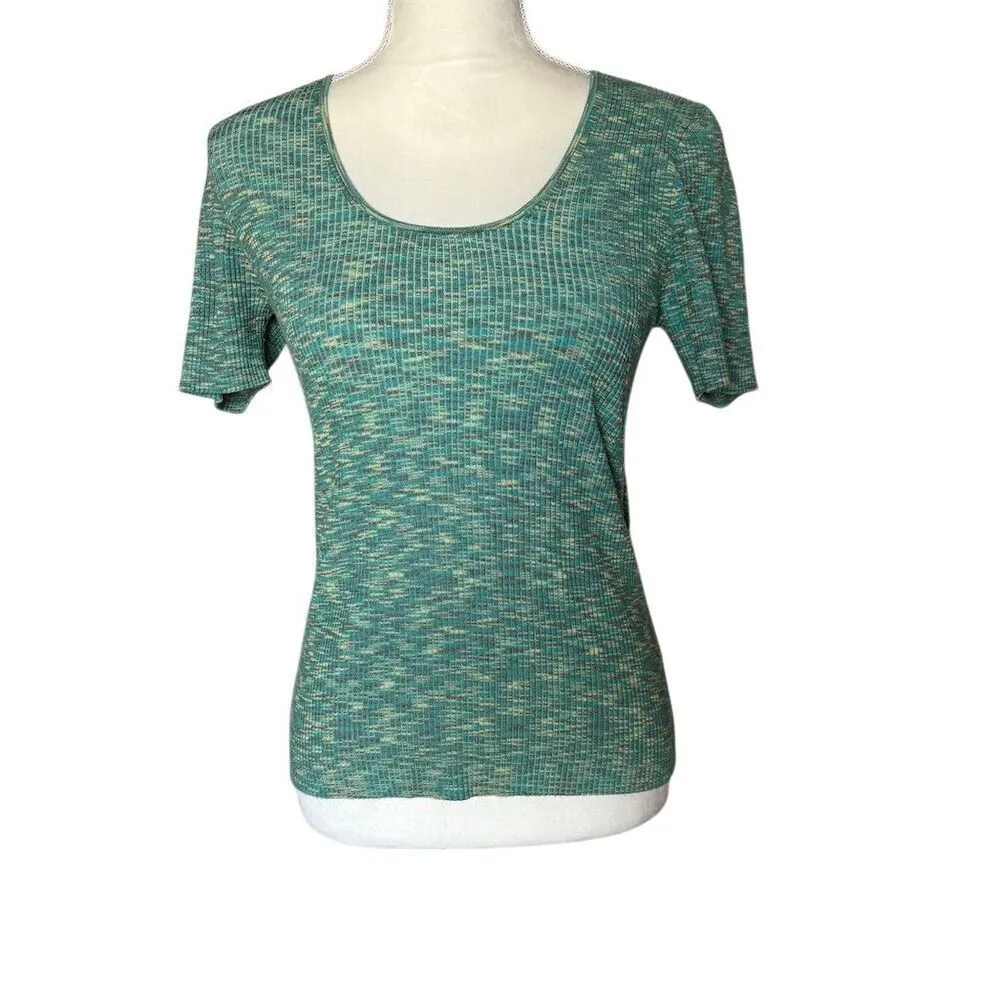 Anthropologie Women's M Green Scoop Neck Short Sleeve Sweater Ribbed Tee - Image 3