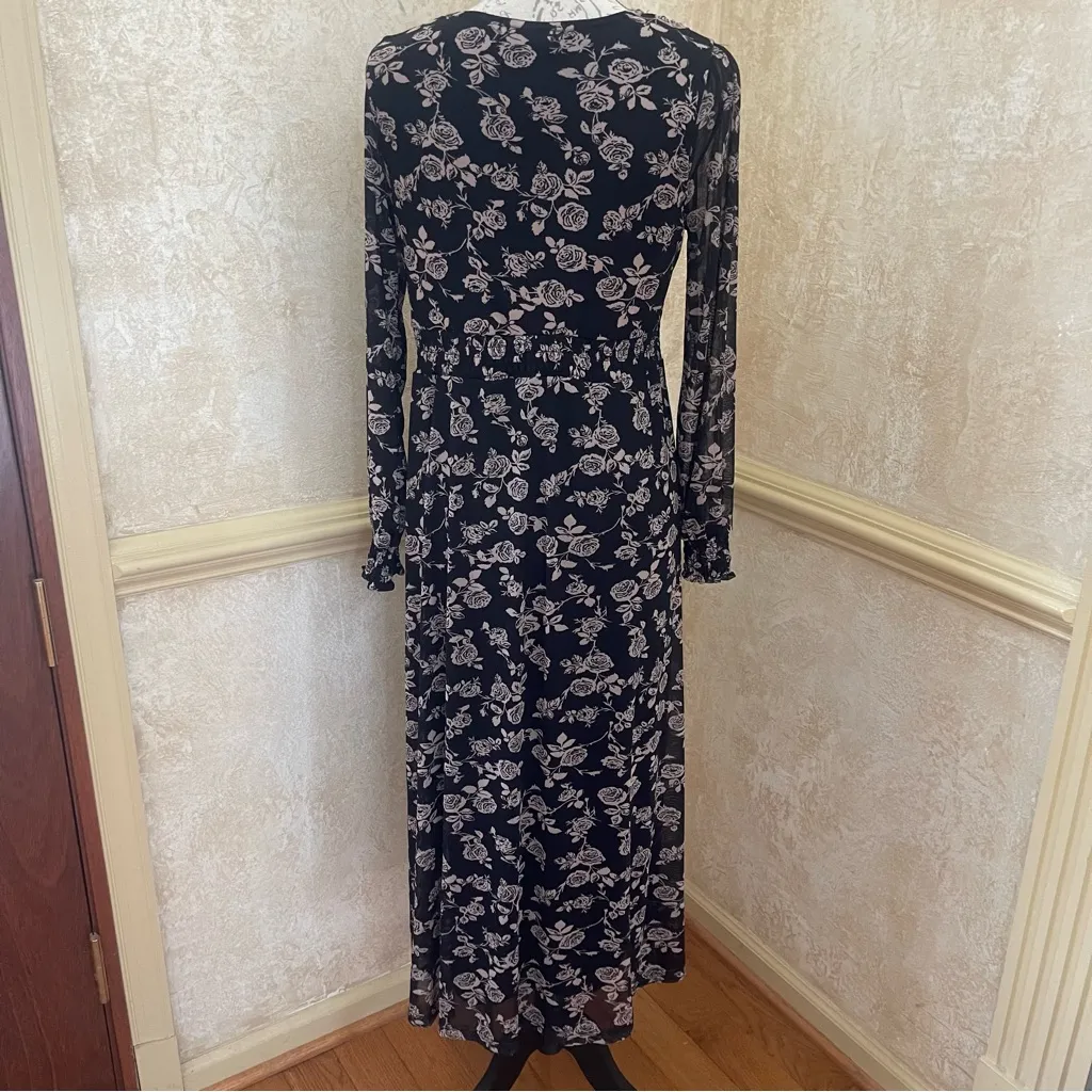 Badgley Mischka Tulle Black Floral Cottagecore Romantic Maxi Semi sheer Dress PS - Image 5