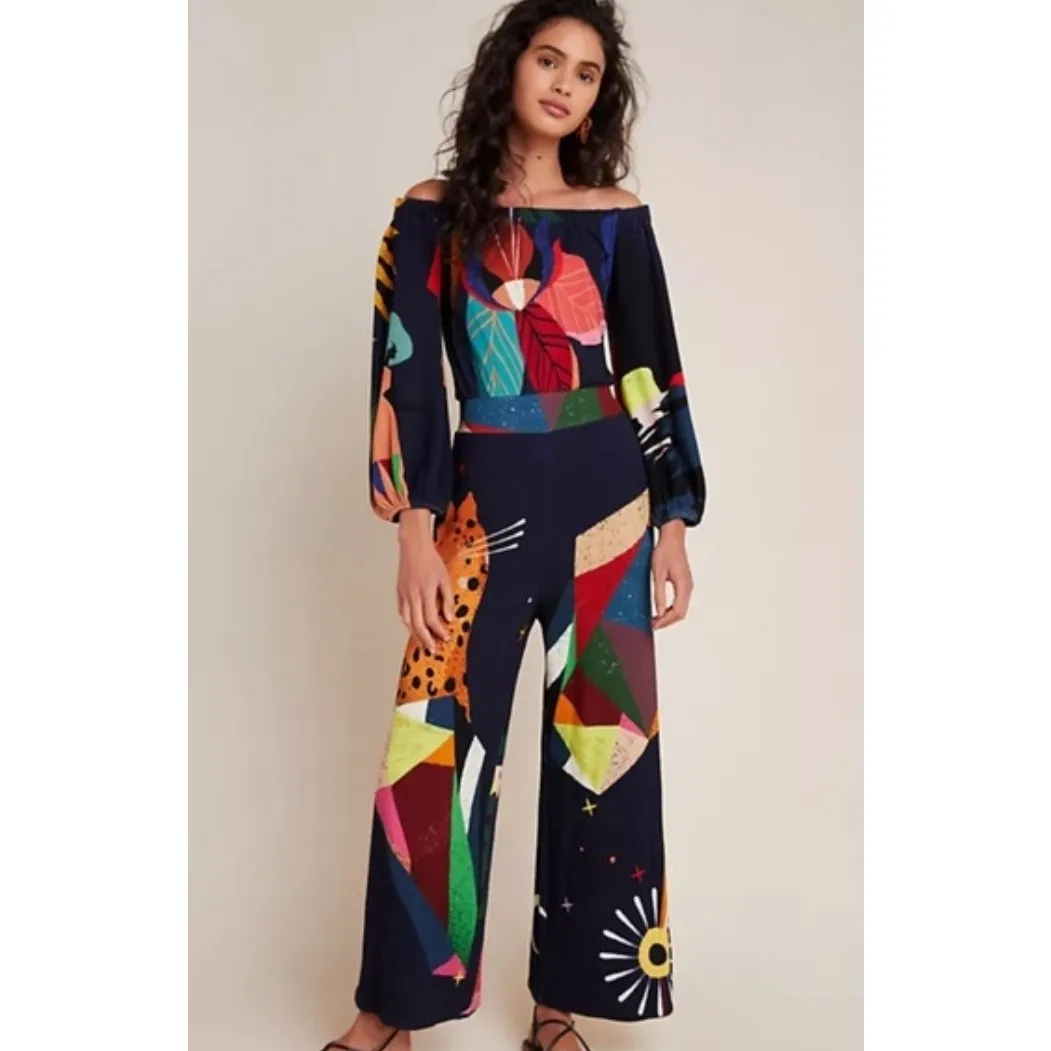 Anthropologie Farm Rio Frances Jumpsuit Multicolor Printed Off Shoulder Wide Leg - Image 2