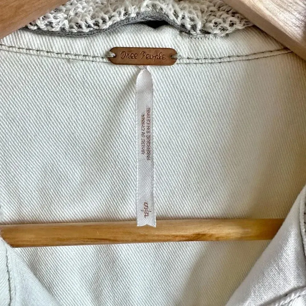 FREE PEOPLE | Knit Hooded Denim Jean Jacket White Gray Mixed Distressed | Small - Image 6