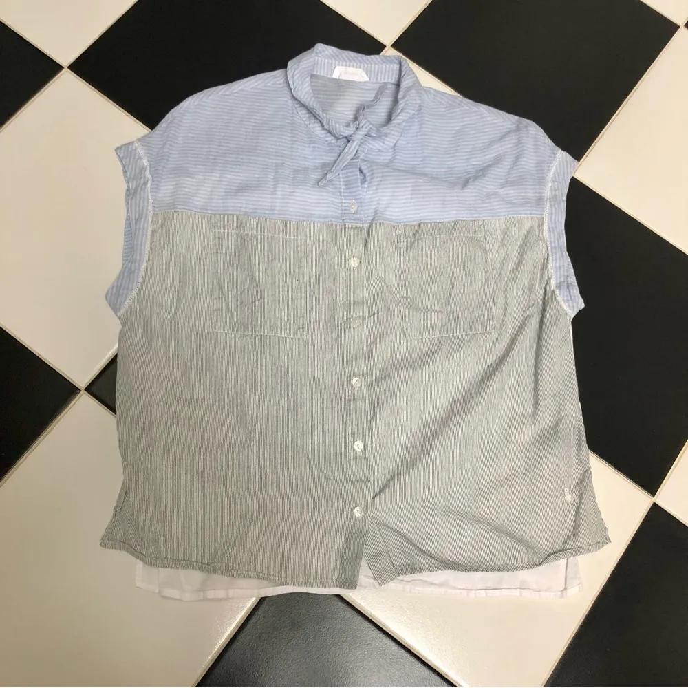 Sita Murt Blue Camp Top Tie Collar Top Soft Cotton Short Sleeve Retro Striped M - Image 5