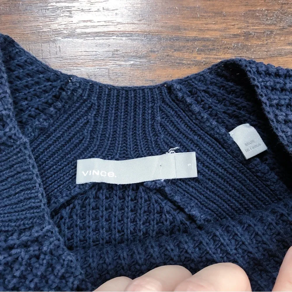 Vince • Waffle Stitch Pullover navy cotton knit sweater crew neck - Image 4