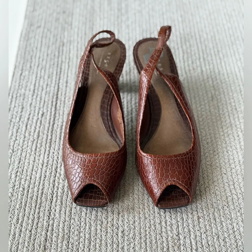 Vintage Axcess Liz Claiborne Brown Croc Leather Peeptoe Slingback Heels Size 9 - Image 11