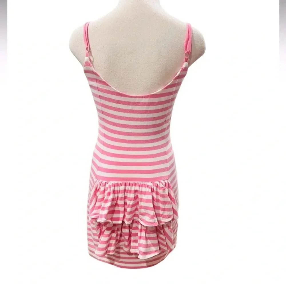 Betsey Johnson Blue Striped Tail Feather Cotton Lycra Dress Pink/White Size M - Image 5