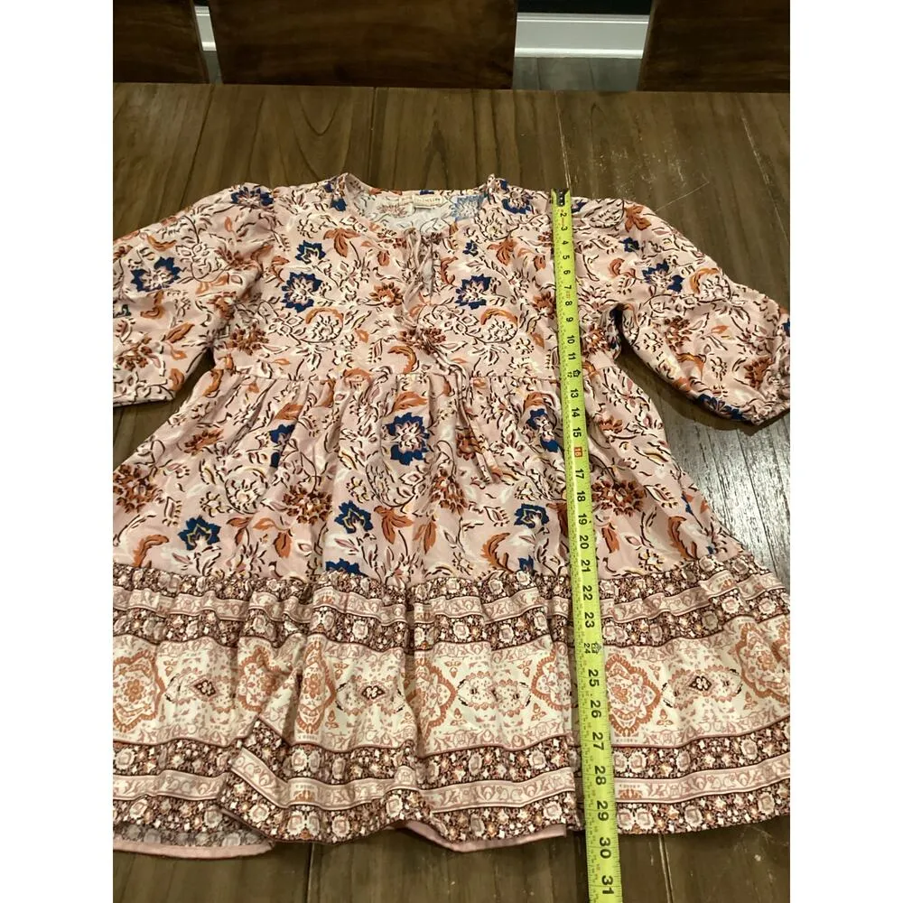 B.O.G. Collective Floral Ruffle Mini indie Bohemian Dress 3/4 Sleeve Printed S - Image 6