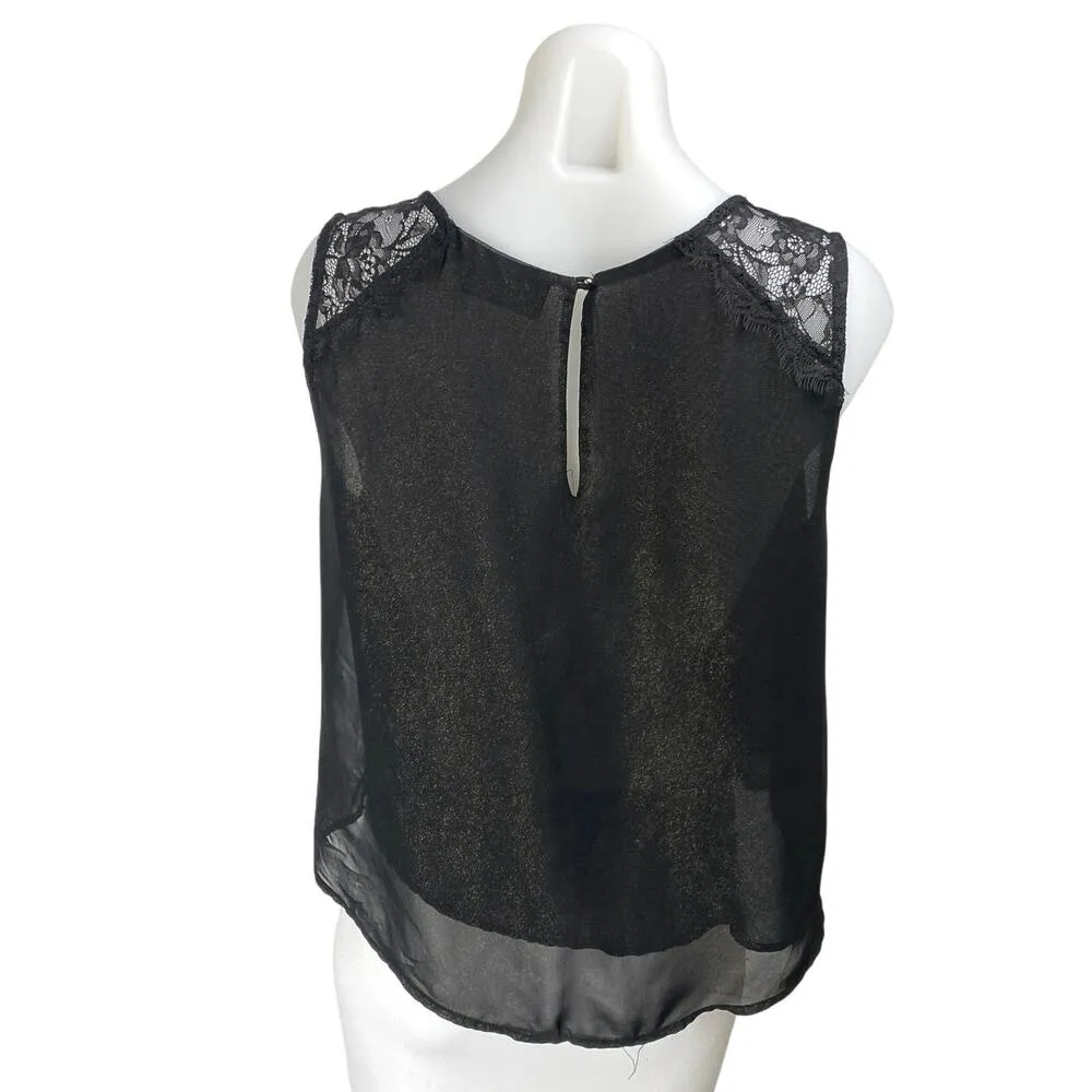 ASTR Women's Black Metallic Shimmer Chiffon Lace Sleeveless Blouse Top Size M - Image 2