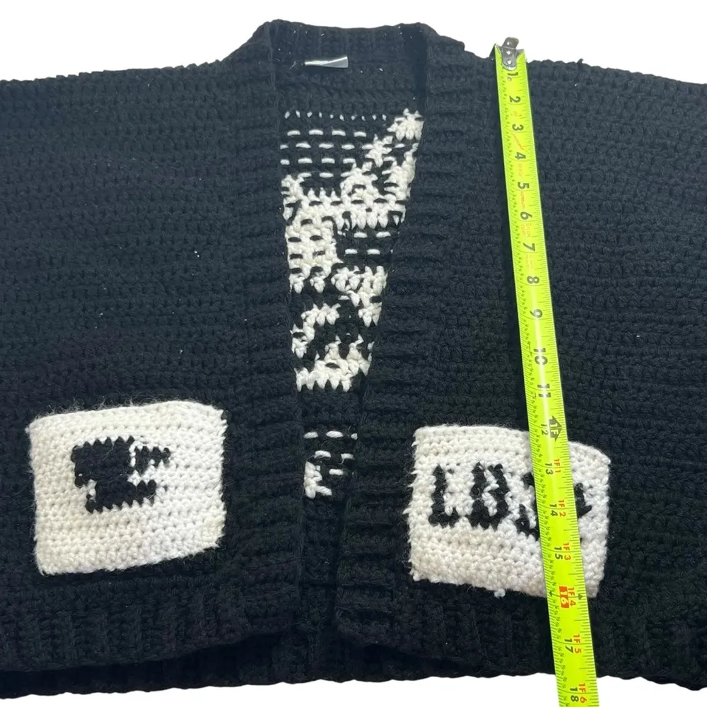 Hand Crochet Chunky Knit Checkered Sleeve Crop Cat Cardigan - Image 4