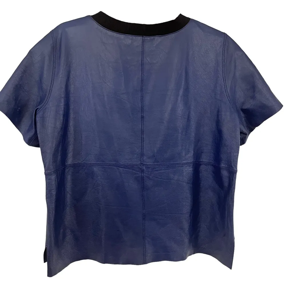 Trina Turk Lamb Leather Short Sleeve Pullover Top Blue Women's Size Medium - Image 2