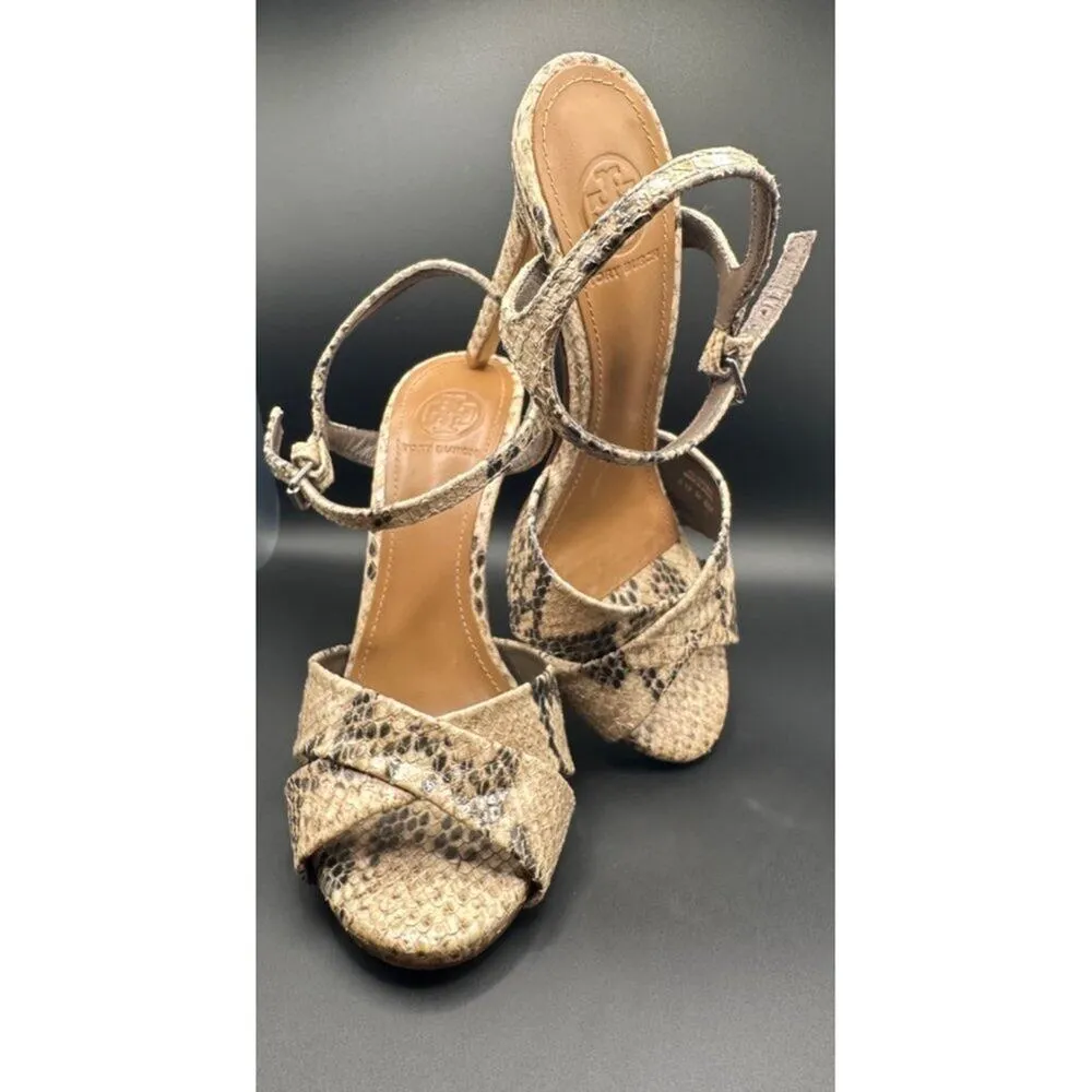 Tory Burch Tan/Brown/Cream Snakeskin Leather Criss Criss Open Toe Heels - Image 7