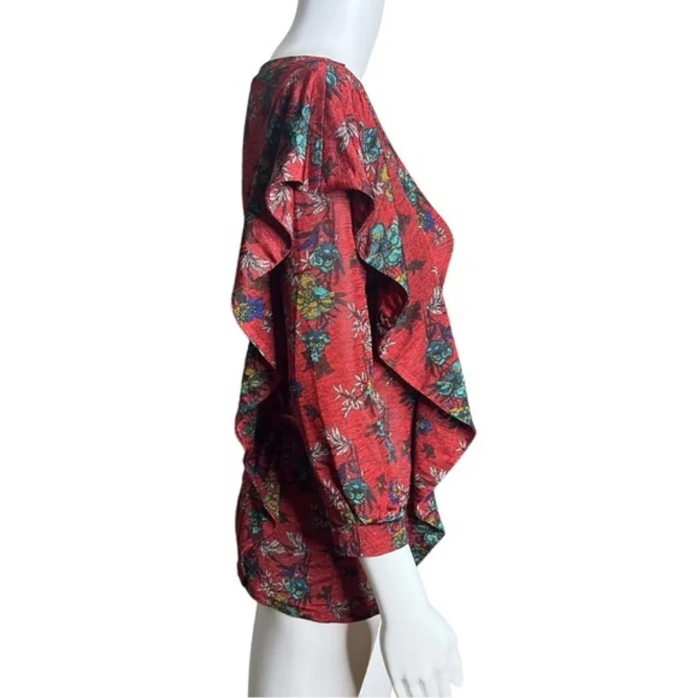 Free People Shirt Womens Small Red Floral Dock Street Blouse Ruffle Boho Peasant - Image 2