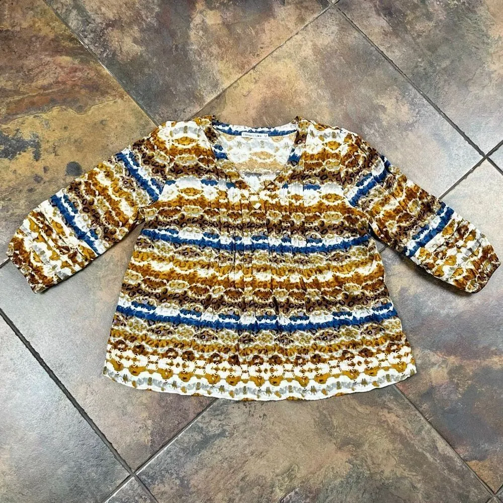 Figueroa & Flower Tie Dye Leopard Blue Gold Boho Blouse Medium Brown - Image 3
