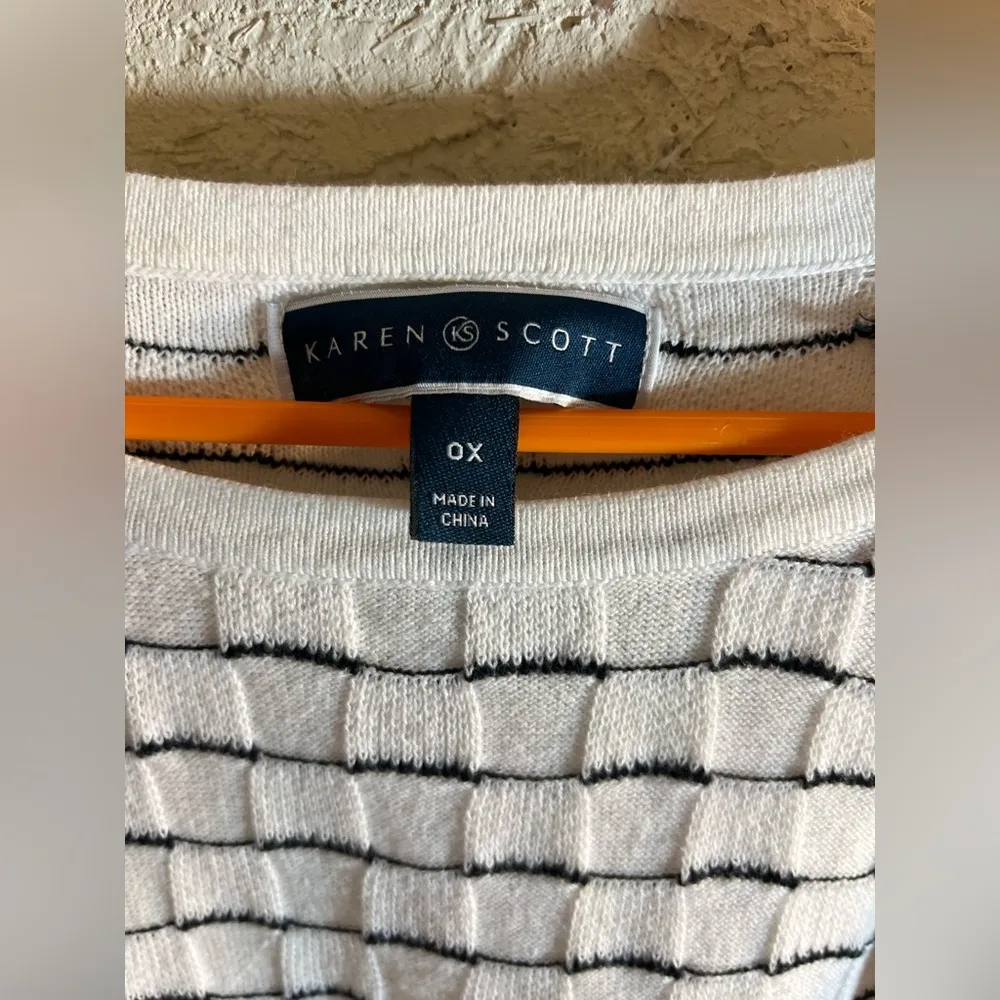 Striped White and Black 100%cotton Sweater by Karen Scott, lovely waffle weave - Image 2