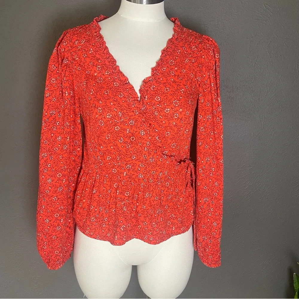 Boho Red Floral Wrap Blouse XS Ruffle Peplum Top Long Sleeve Fall Outfit Trend‎ - Image 2