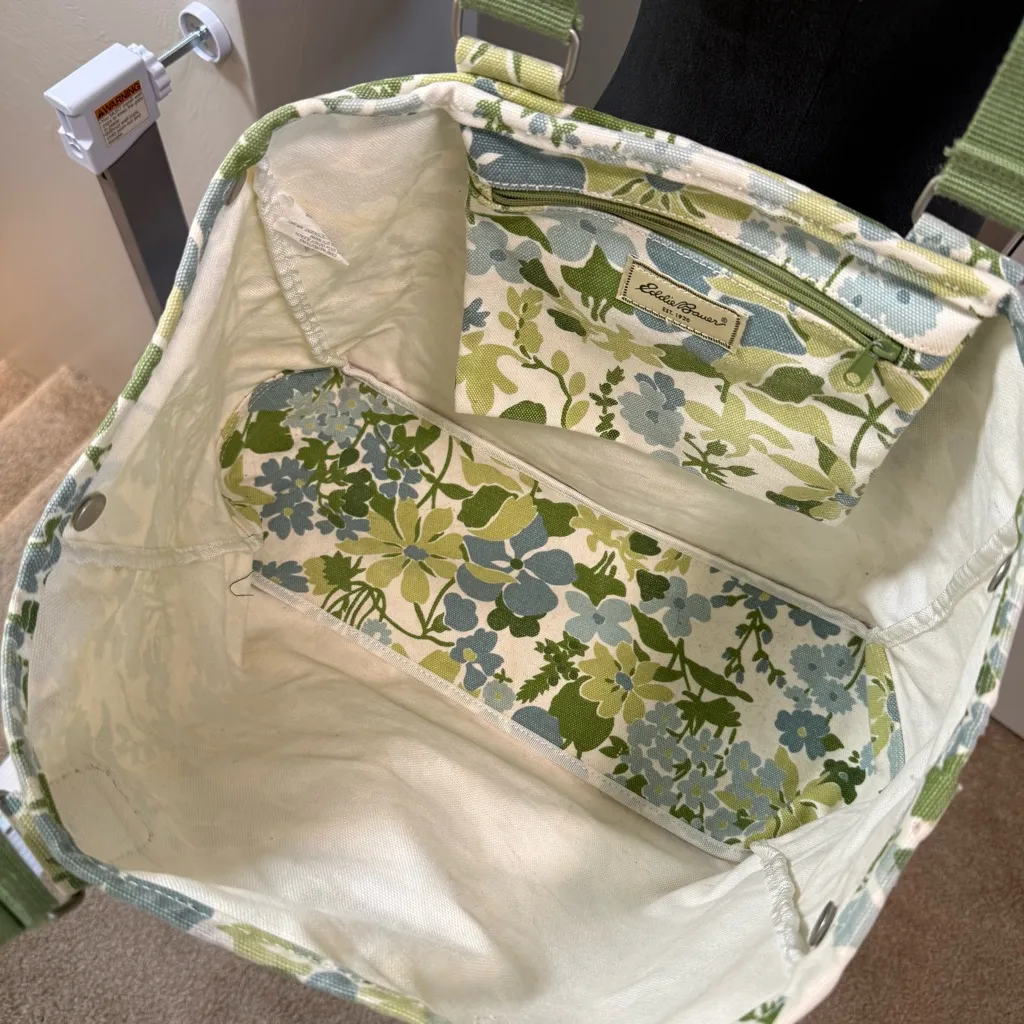 Vintage Eddie Bauer Large Canvas Tote Bag Green Blue Floral Pastel Adjustable - Image 6