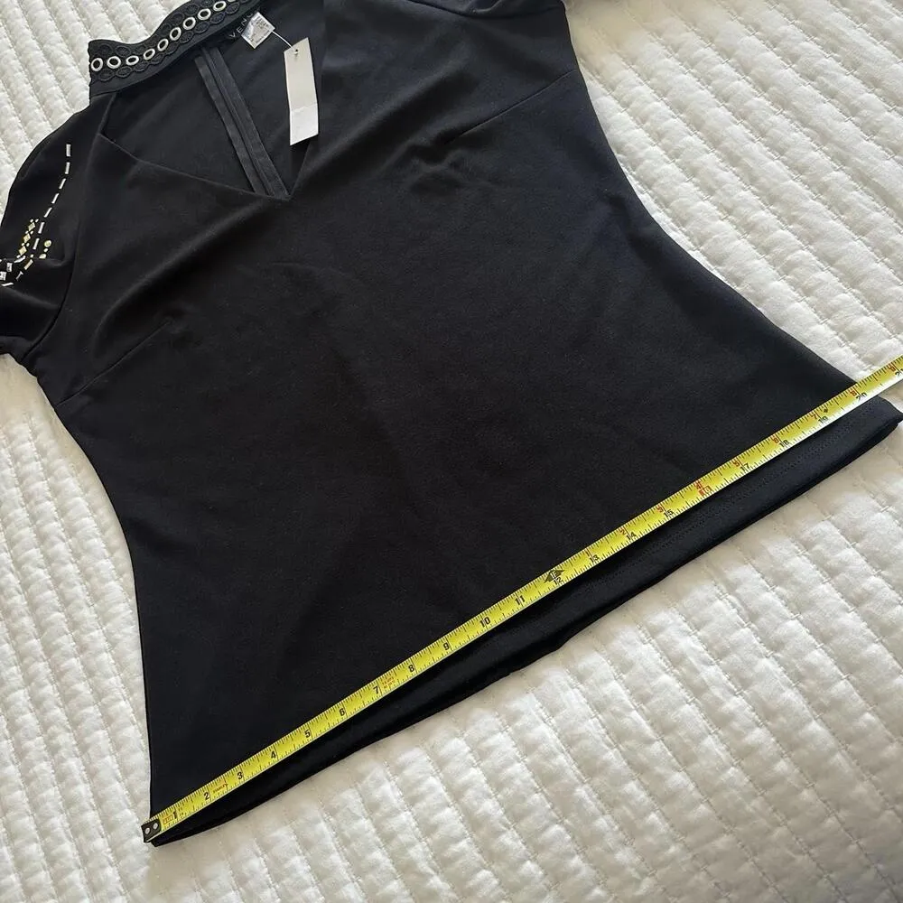 Venus Silver Tone Studded Long Sleeve Cut Out Chest Shirt Top Sz L Large NWT - Image 9