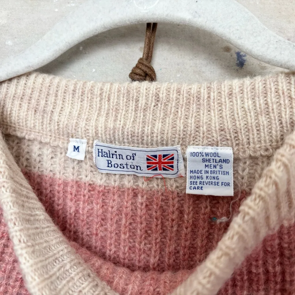 Vintage 80s Shetland Wool Stripe Sweater by Halrin of Boston Pink Size M - Image 3