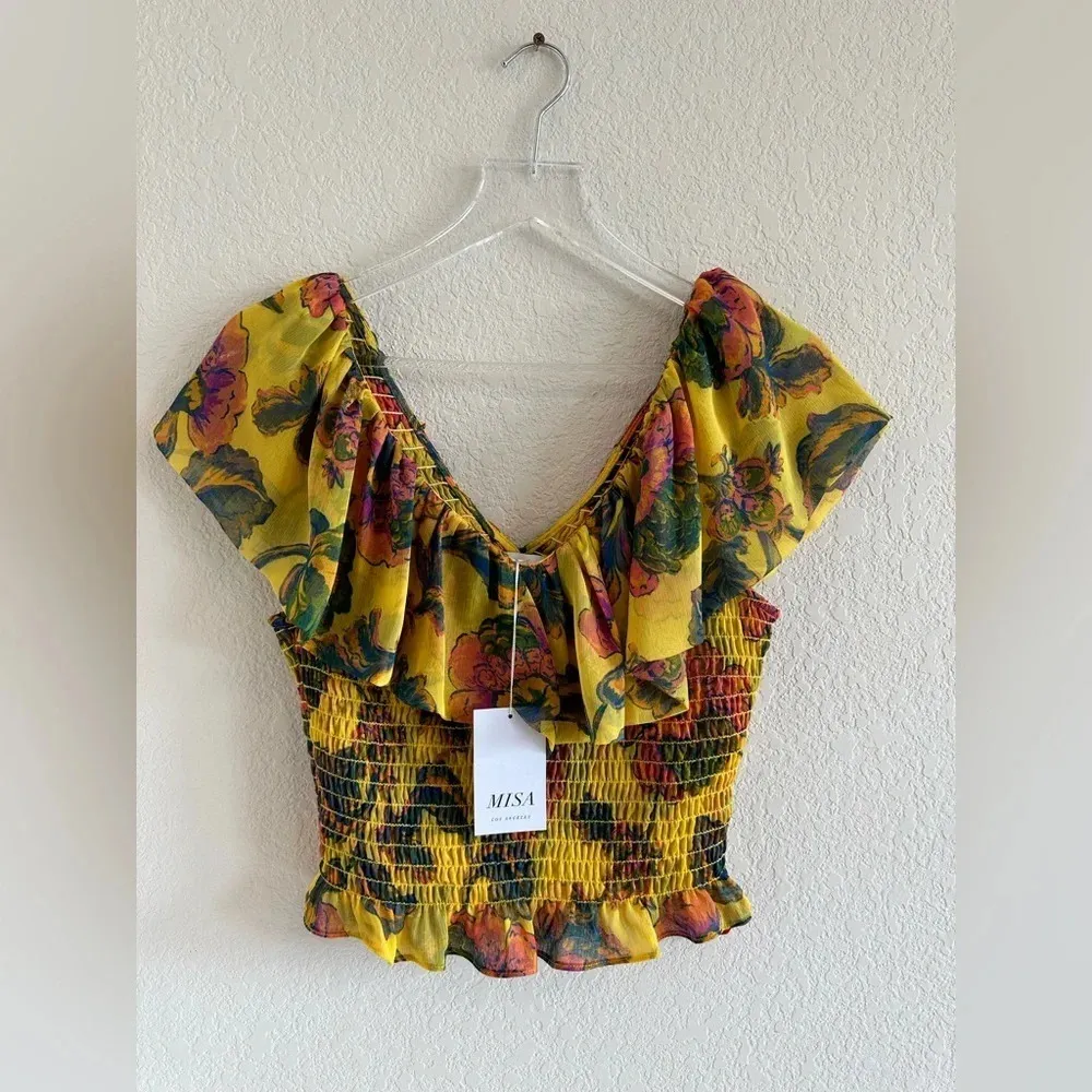 NWT MISA Los Angeles Cara Floral-Print Ruffle Smocked Top in Grand Canary Yellow - Image 4