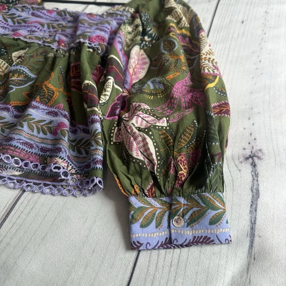 Farm Rio Blouse Top XS Green Jungle Fairy Boho Botanical Tropical Praire Resort - Image 8