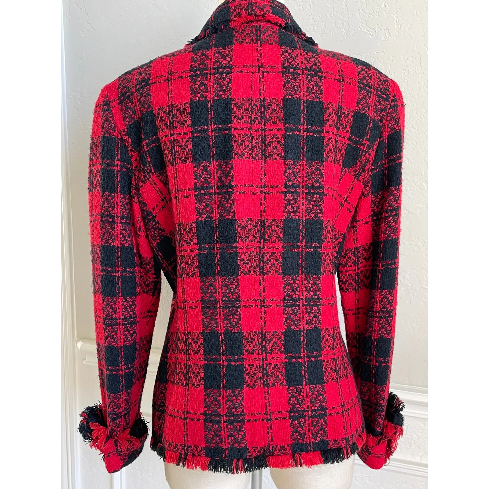 Vintage Santa Fe by Jim Tremblay Red Black Tweed Blazer Gold Button Fringe Trim Size M - Image 7