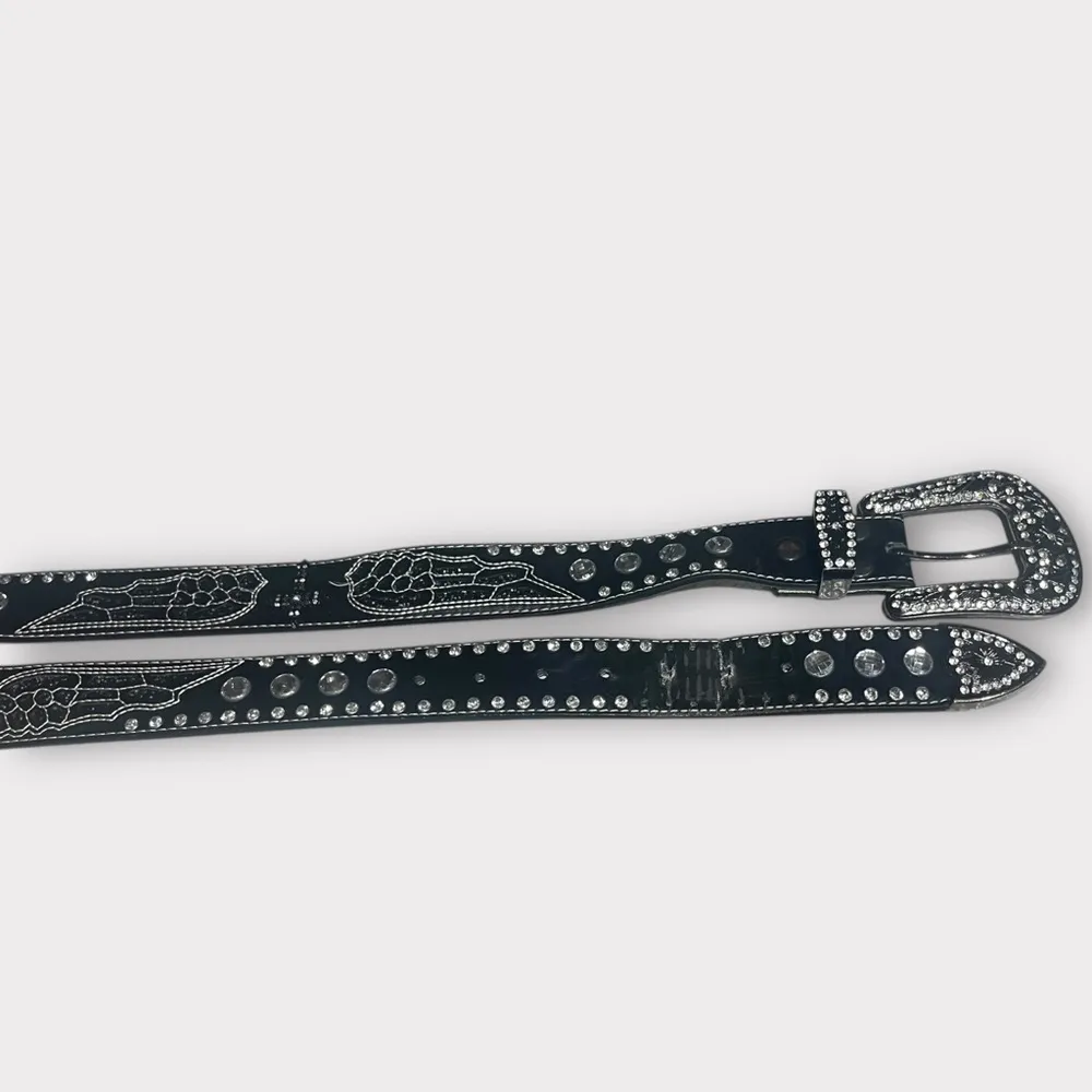 Black Rhinestone Embellished Leather Belt with Angel Wings and Crosses - Image 2