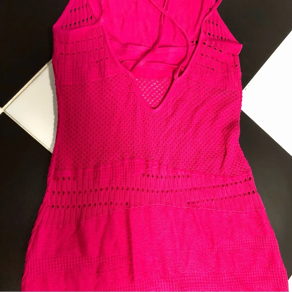 Esteban Cortazar Collective Stretchy Midi Dress Hot Pink Crochet Wedding Guest L - Image 11