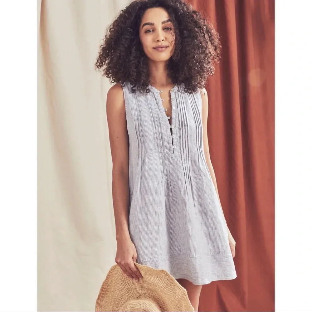 Faherty Isha 100% Linen Dress Blue Mini Stripe Pintuck WDS2119-BMT Bestseller - Image 2