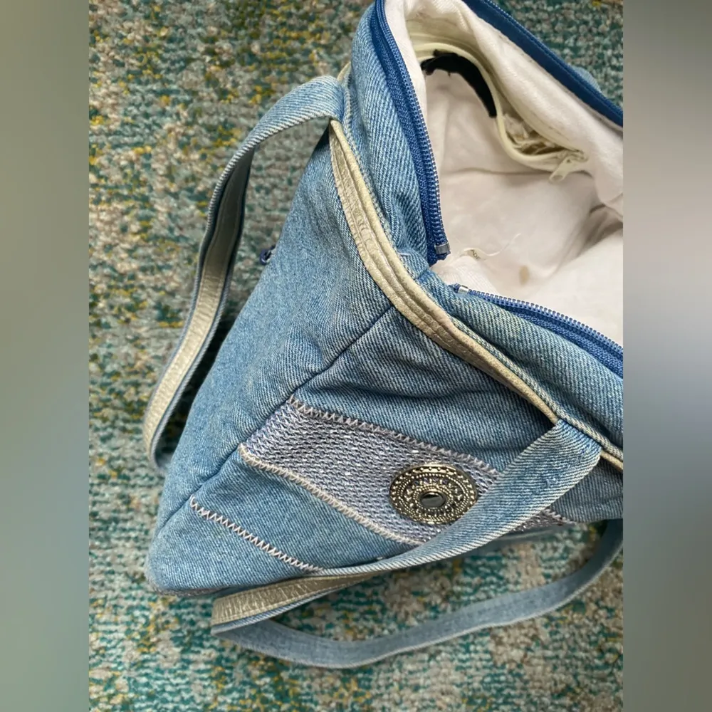 Vintage 90s denim silver button shoulder bag Blue - Image 7