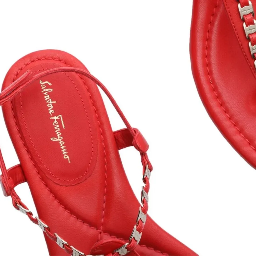 SALVATORE FERRAGAMO TAHITI CORAL LEATHER T-STRAP FLAT SANDALS SIZE 7.5 D - Image 8