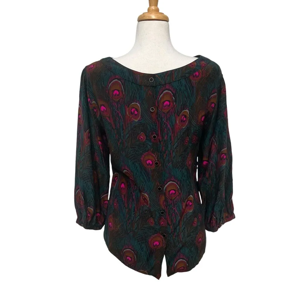 Britt Ryan Blouse Shirt Sz M 100% Silk Peacock Feather 3/4 Sleeve Loose Boho - Image 6