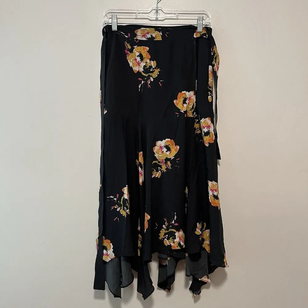 A.L.C. Borden‎ Black Floral Wrap Silk Midi Skirt Size 4 - Image 3