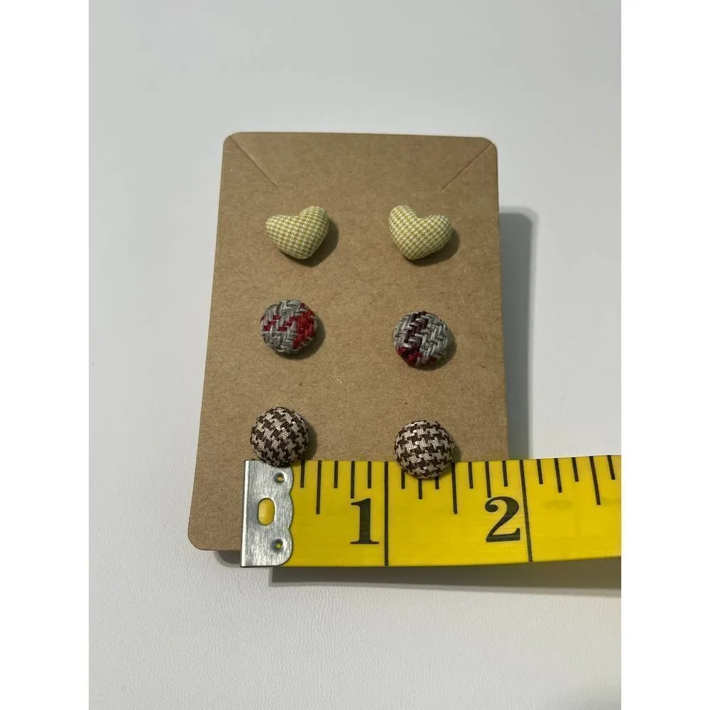 Fabric Covered Button Earring‎ Stud Set Plaid Brown Brown - Image 4