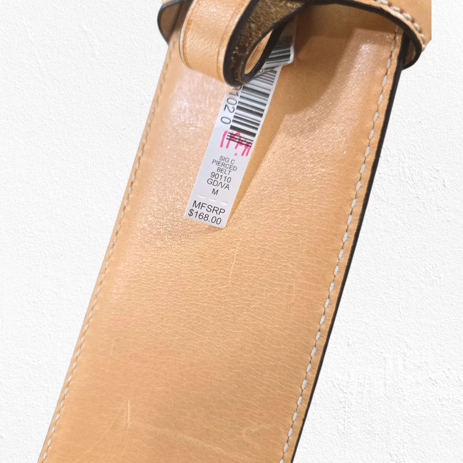 Coach Sig C Pierced Belt 90110 Tan Beige Gold Square Buckle Leather Size Medium - Image 5