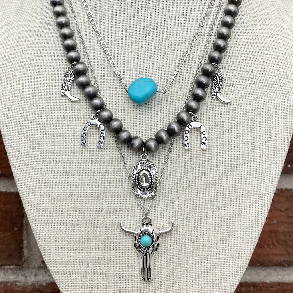 Navajo Style Pearl Western Charm Necklace Set Silver - Image 2