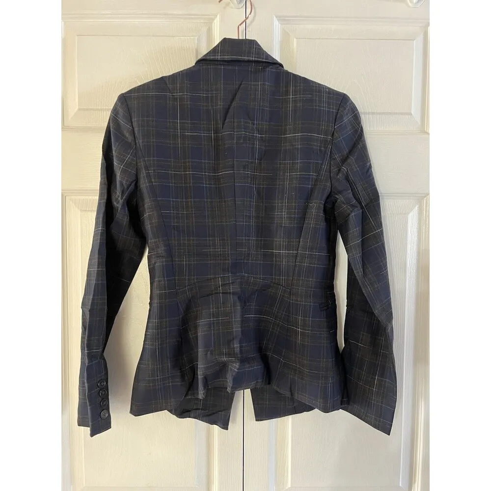 MM Lafleur Blazer Womens Navy Plaid Two Button Jacket Size 0 - Image 7