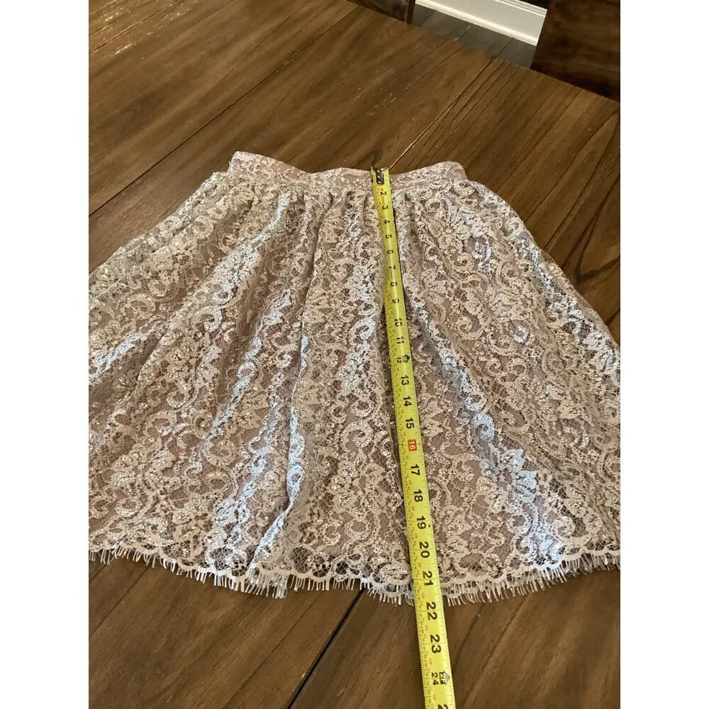 Anthropologie HD in PARIS Champagne Silver Metallic Lace Eyelash Hem Skirt Sz 0 - Image 9