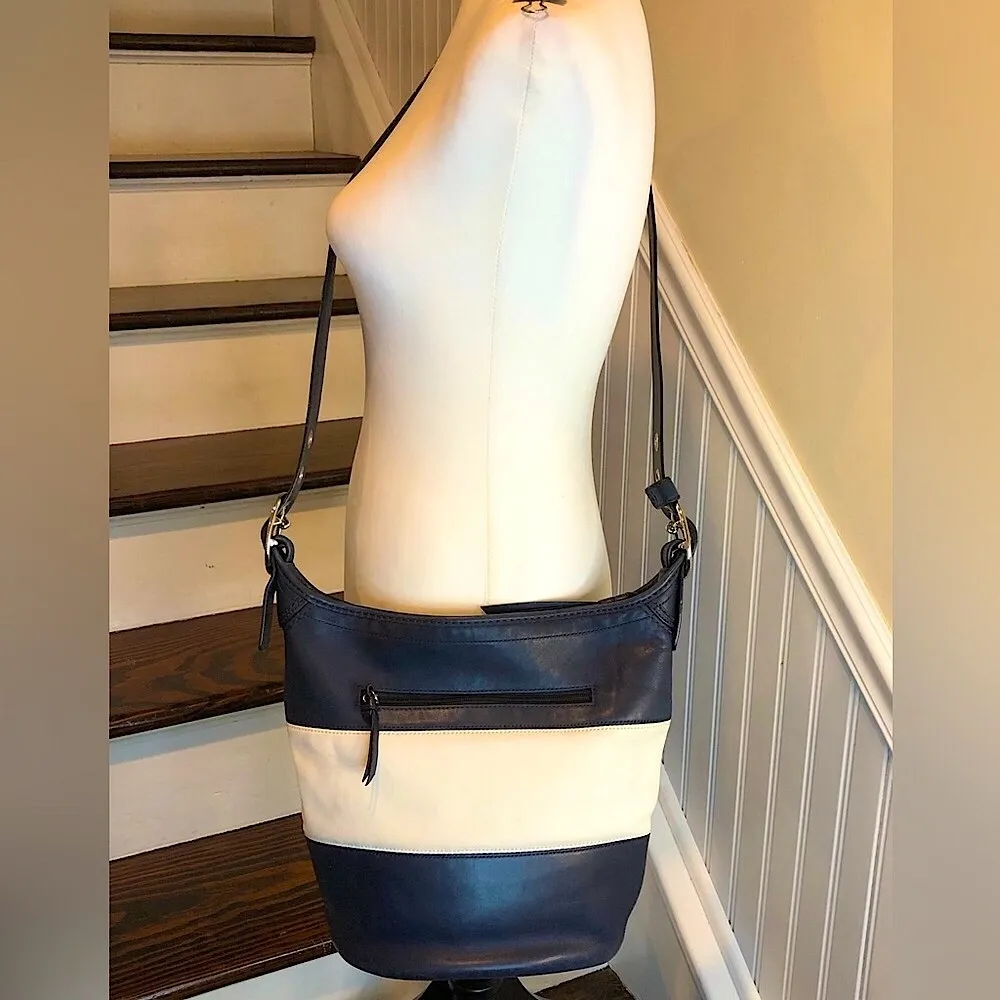 COACH Rugby Stripe Navy Leather Duffle Feeder Bag With Crossbody Shoulder Strap - Image 5