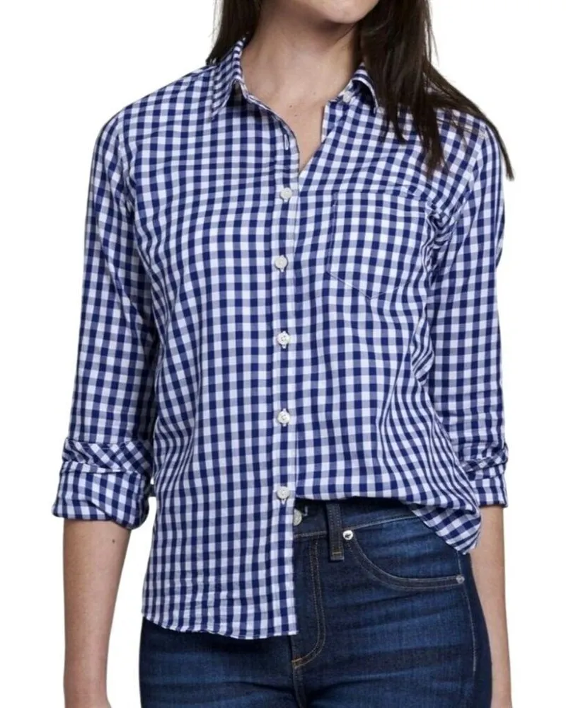 Untuckit Shirt Women 2 Blue White Cotton Gingham Plaid Collared Button Down NWT - Image 1
