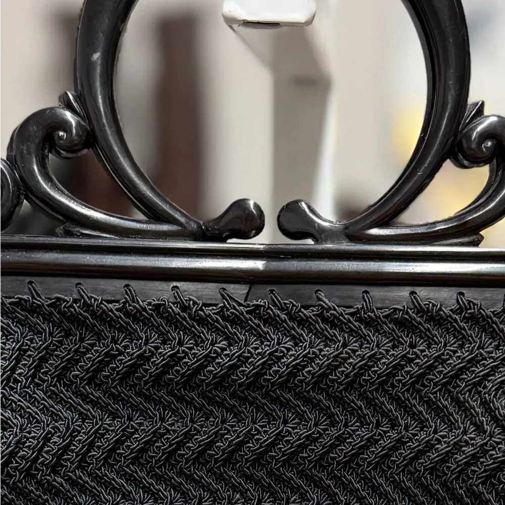 Vintage Crochet Celluloid 1940 Lucite (?) Frame Handle Handbag Mini Purse Clutch Black - Image 10