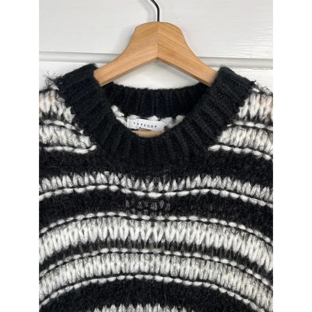 Topshop Black White Striped Crew Neck Fuzzy Chunky Knit Sweater Sz XS Oversized - Image 3