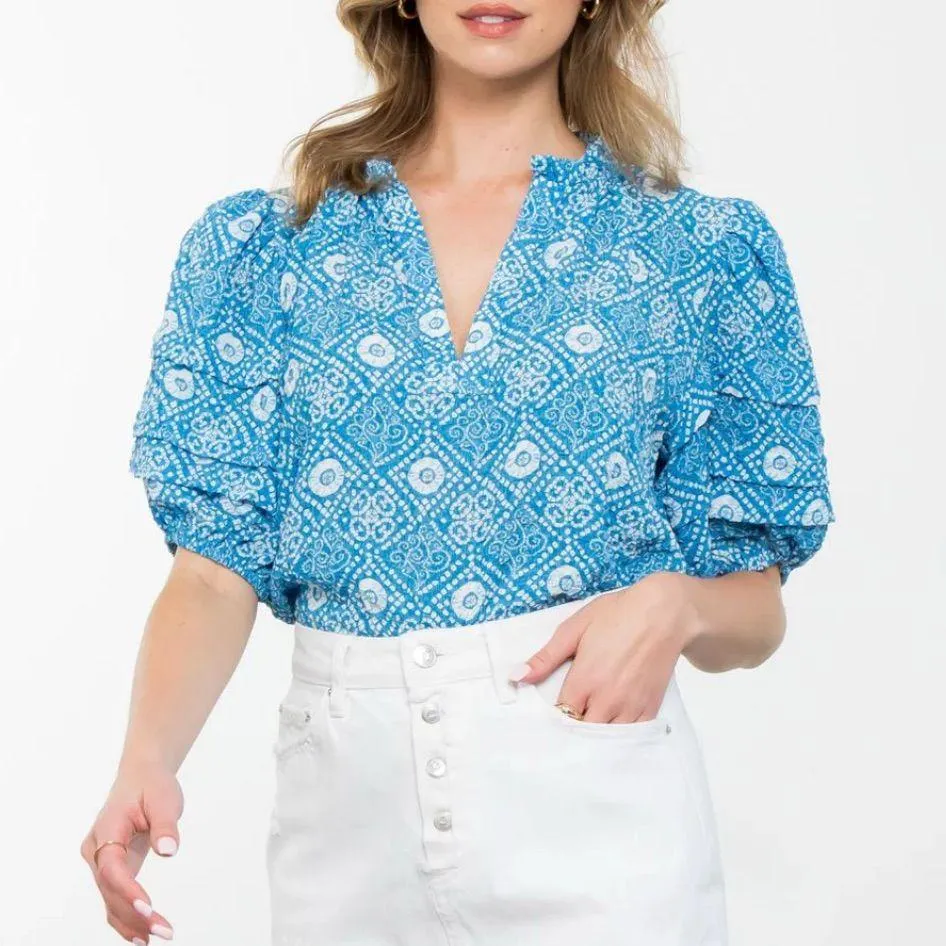 THML Blue and White Patterned Blouse - Image 2