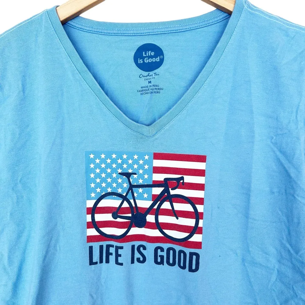 Life is Good American Flag Bicycle Blue Short Sleeve T Shirt Sz M - Image 4