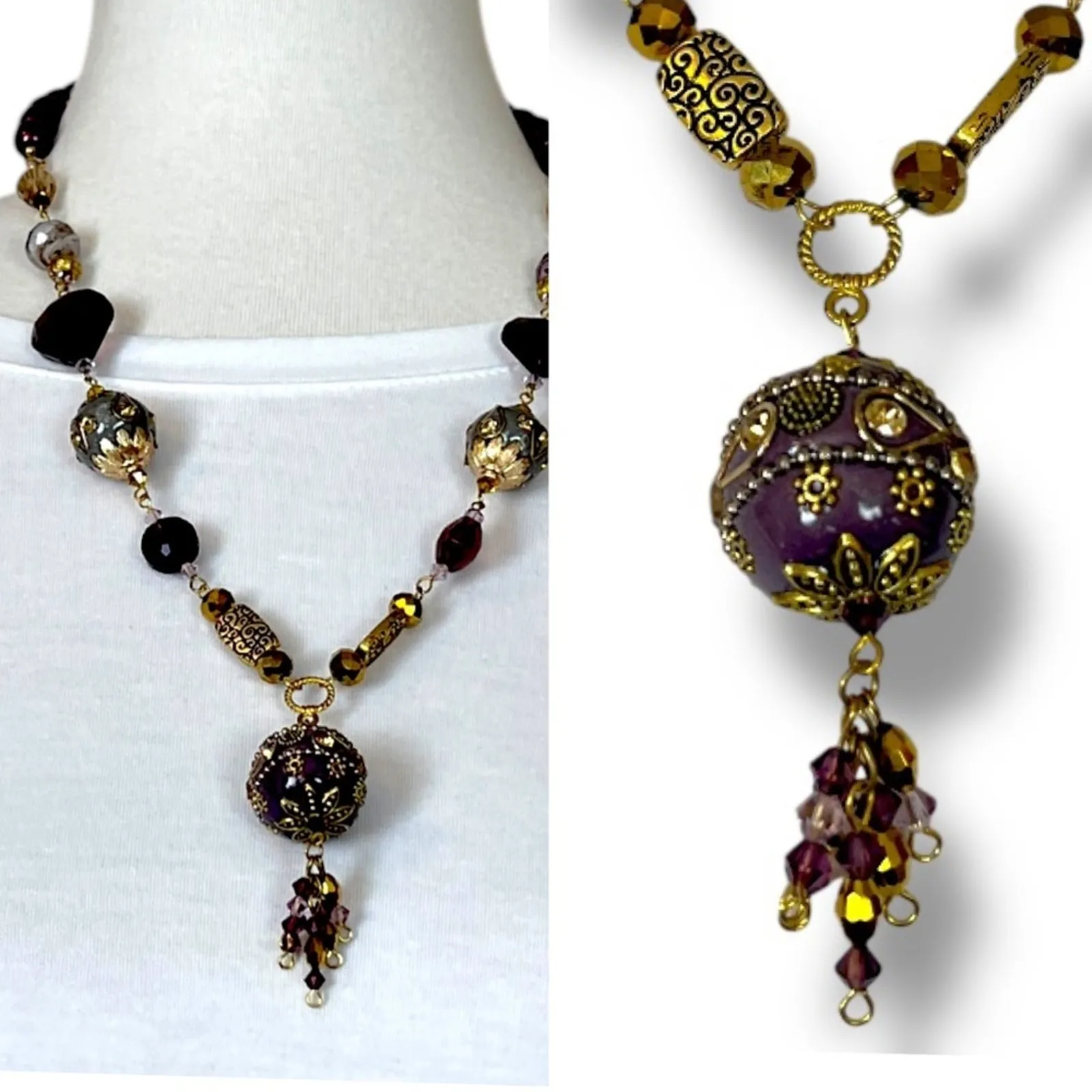 Handmade Women’s Lariat Tassel Necklace Glass Bead Plum Purple Gold 18” Length - Image 12